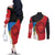 Antigua and Barbuda Tribal Couples Matching Off The Shoulder Long Sleeve Dress and Long Sleeve Button Shirt with Polynesian Dolphin Sun Design with National Flag Colors - Wonder Print Shop