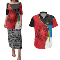 Antigua and Barbuda Tribal Couples Matching Puletasi and Hawaiian Shirt with Polynesian Dolphin Sun Design with National Flag Colors - Wonder Print Shop