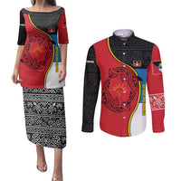 Antigua and Barbuda Tribal Couples Matching Puletasi and Long Sleeve Button Shirt with Polynesian Dolphin Sun Design with National Flag Colors - Wonder Print Shop