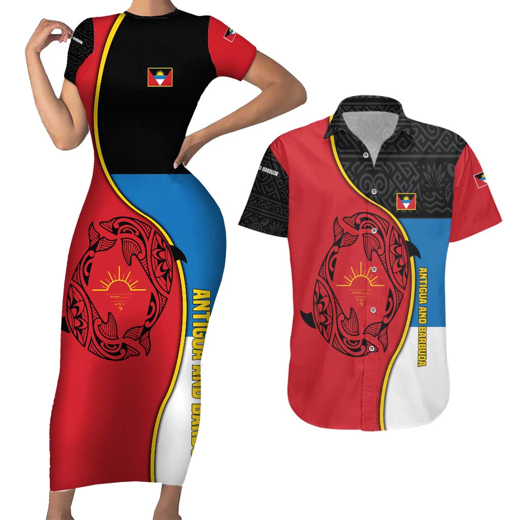 Antigua and Barbuda Tribal Couples Matching Short Sleeve Bodycon Dress and Hawaiian Shirt with Polynesian Dolphin Sun Design with National Flag Colors - Wonder Print Shop