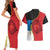 Antigua and Barbuda Tribal Couples Matching Short Sleeve Bodycon Dress and Hawaiian Shirt with Polynesian Dolphin Sun Design with National Flag Colors - Wonder Print Shop