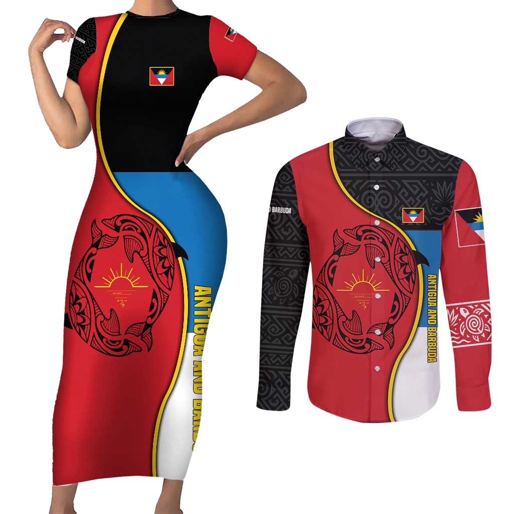 Antigua and Barbuda Tribal Couples Matching Short Sleeve Bodycon Dress and Long Sleeve Button Shirt with Polynesian Dolphin Sun Design with National Flag Colors - Wonder Print Shop