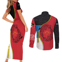 Antigua and Barbuda Tribal Couples Matching Short Sleeve Bodycon Dress and Long Sleeve Button Shirt with Polynesian Dolphin Sun Design with National Flag Colors - Wonder Print Shop