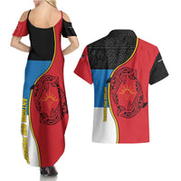 Antigua and Barbuda Tribal Couples Matching Summer Maxi Dress and Hawaiian Shirt with Polynesian Dolphin Sun Design with National Flag Colors - Wonder Print Shop