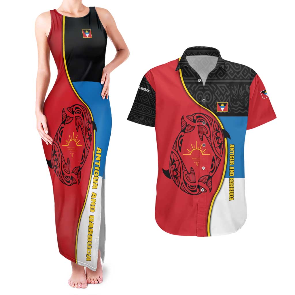 Antigua and Barbuda Tribal Couples Matching Tank Maxi Dress and Hawaiian Shirt with Polynesian Dolphin Sun Design with National Flag Colors - Wonder Print Shop