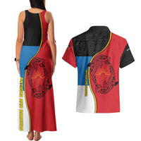 Antigua and Barbuda Tribal Couples Matching Tank Maxi Dress and Hawaiian Shirt with Polynesian Dolphin Sun Design with National Flag Colors - Wonder Print Shop