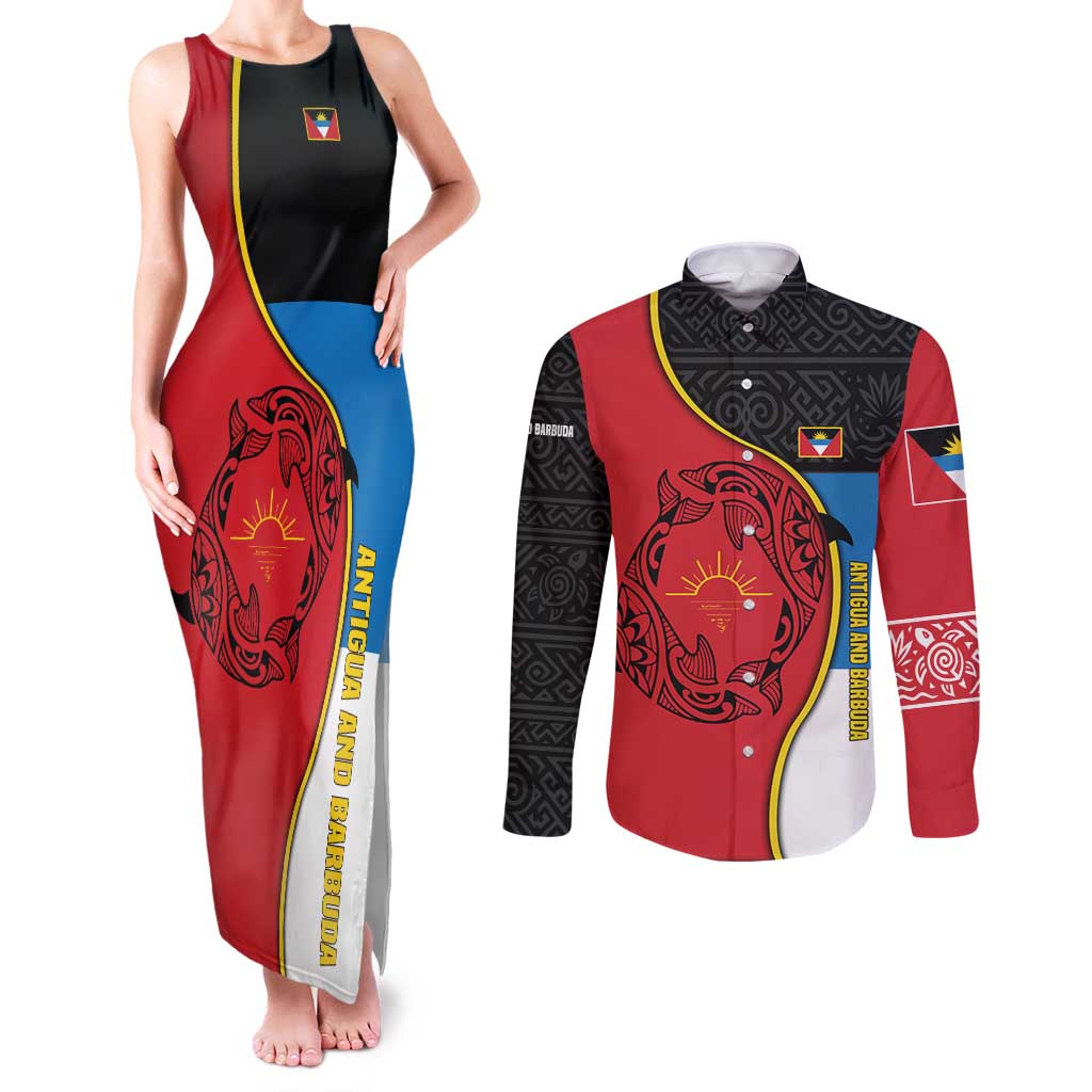 Antigua and Barbuda Tribal Couples Matching Tank Maxi Dress and Long Sleeve Button Shirt with Polynesian Dolphin Sun Design with National Flag Colors - Wonder Print Shop