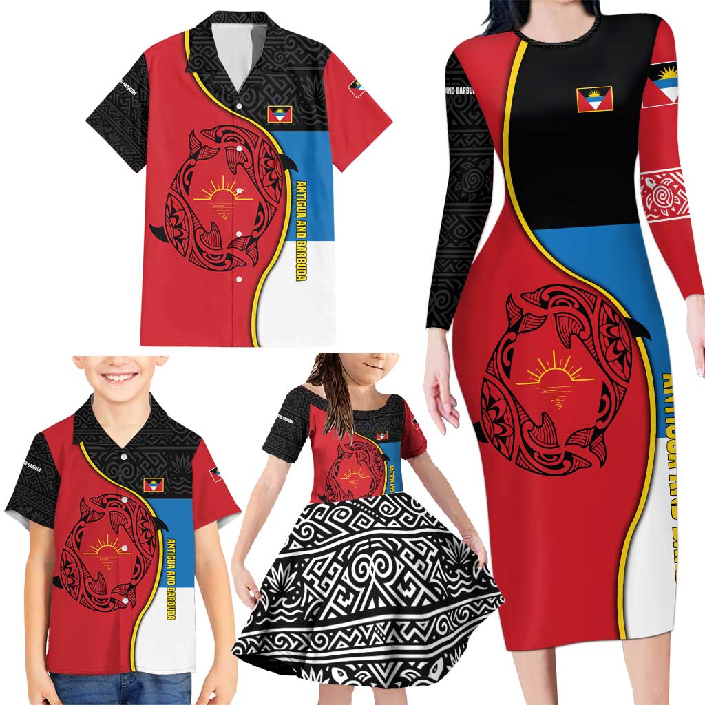 Antigua and Barbuda Tribal Family Matching Long Sleeve Bodycon Dress and Hawaiian Shirt with Polynesian Dolphin Sun Design with National Flag Colors - Wonder Print Shop
