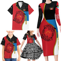 Antigua and Barbuda Tribal Family Matching Long Sleeve Bodycon Dress and Hawaiian Shirt with Polynesian Dolphin Sun Design with National Flag Colors - Wonder Print Shop