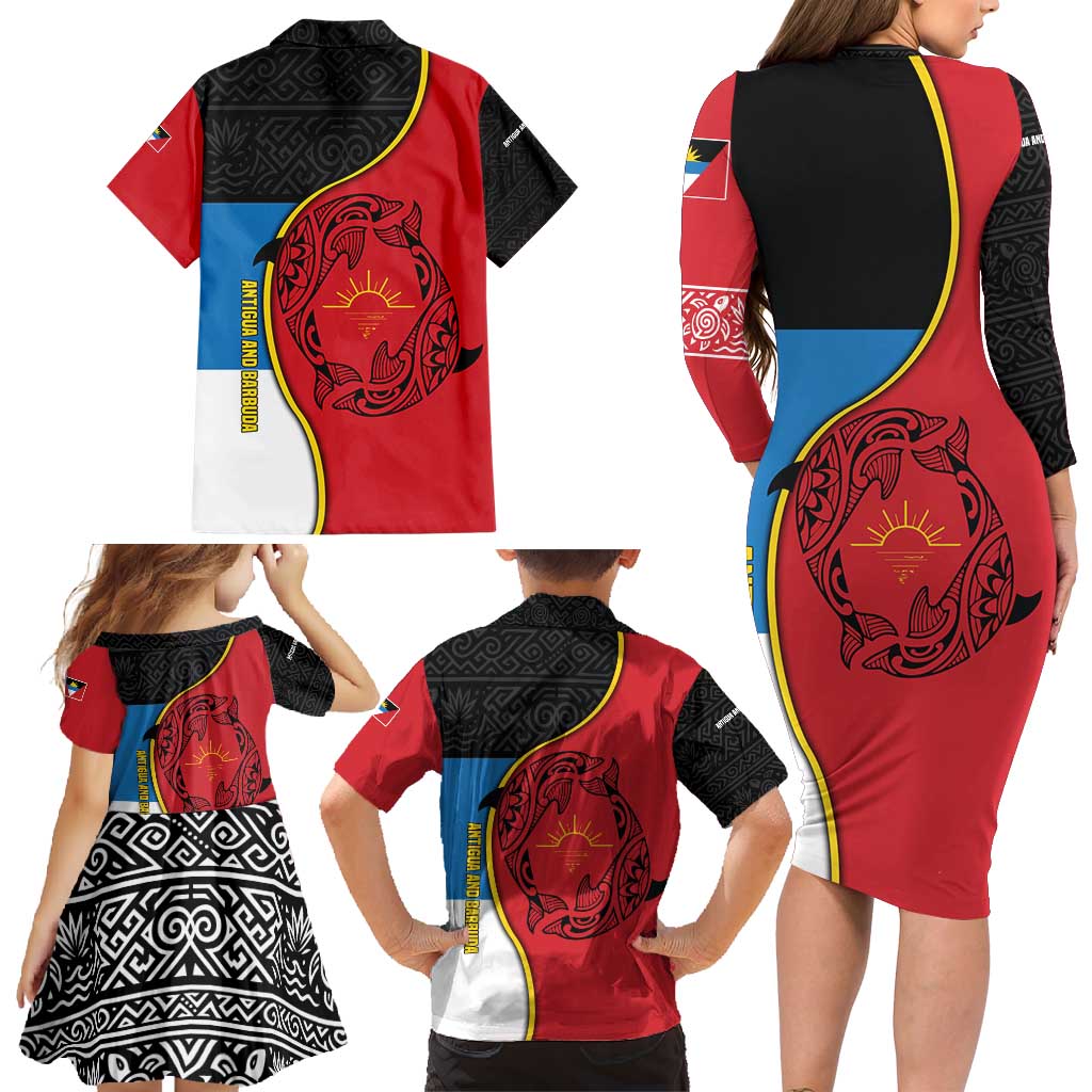 Antigua and Barbuda Tribal Family Matching Long Sleeve Bodycon Dress and Hawaiian Shirt with Polynesian Dolphin Sun Design with National Flag Colors - Wonder Print Shop