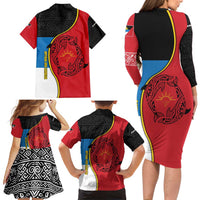 Antigua and Barbuda Tribal Family Matching Long Sleeve Bodycon Dress and Hawaiian Shirt with Polynesian Dolphin Sun Design with National Flag Colors - Wonder Print Shop