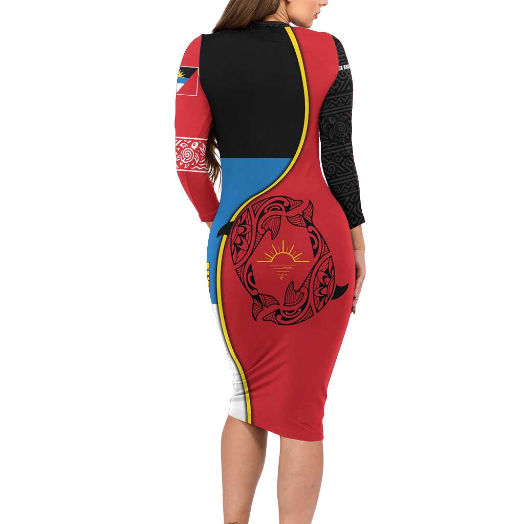 Antigua and Barbuda Tribal Family Matching Long Sleeve Bodycon Dress and Hawaiian Shirt with Polynesian Dolphin Sun Design with National Flag Colors - Wonder Print Shop