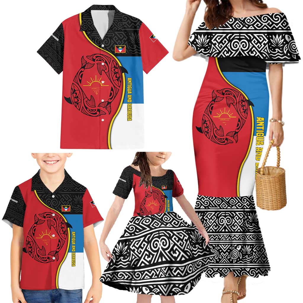 Antigua and Barbuda Tribal Family Matching Mermaid Dress and Hawaiian Shirt with Polynesian Dolphin Sun Design with National Flag Colors - Wonder Print Shop