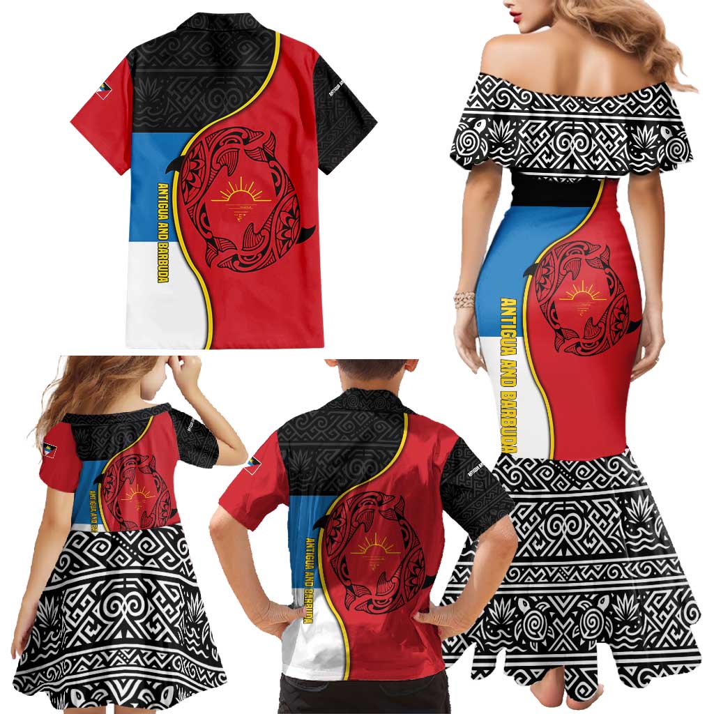 Antigua and Barbuda Tribal Family Matching Mermaid Dress and Hawaiian Shirt with Polynesian Dolphin Sun Design with National Flag Colors - Wonder Print Shop