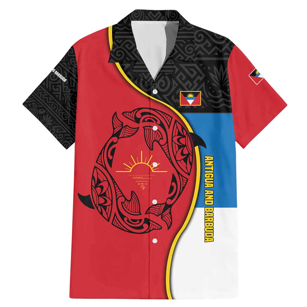 Antigua and Barbuda Tribal Family Matching Mermaid Dress and Hawaiian Shirt with Polynesian Dolphin Sun Design with National Flag Colors - Wonder Print Shop