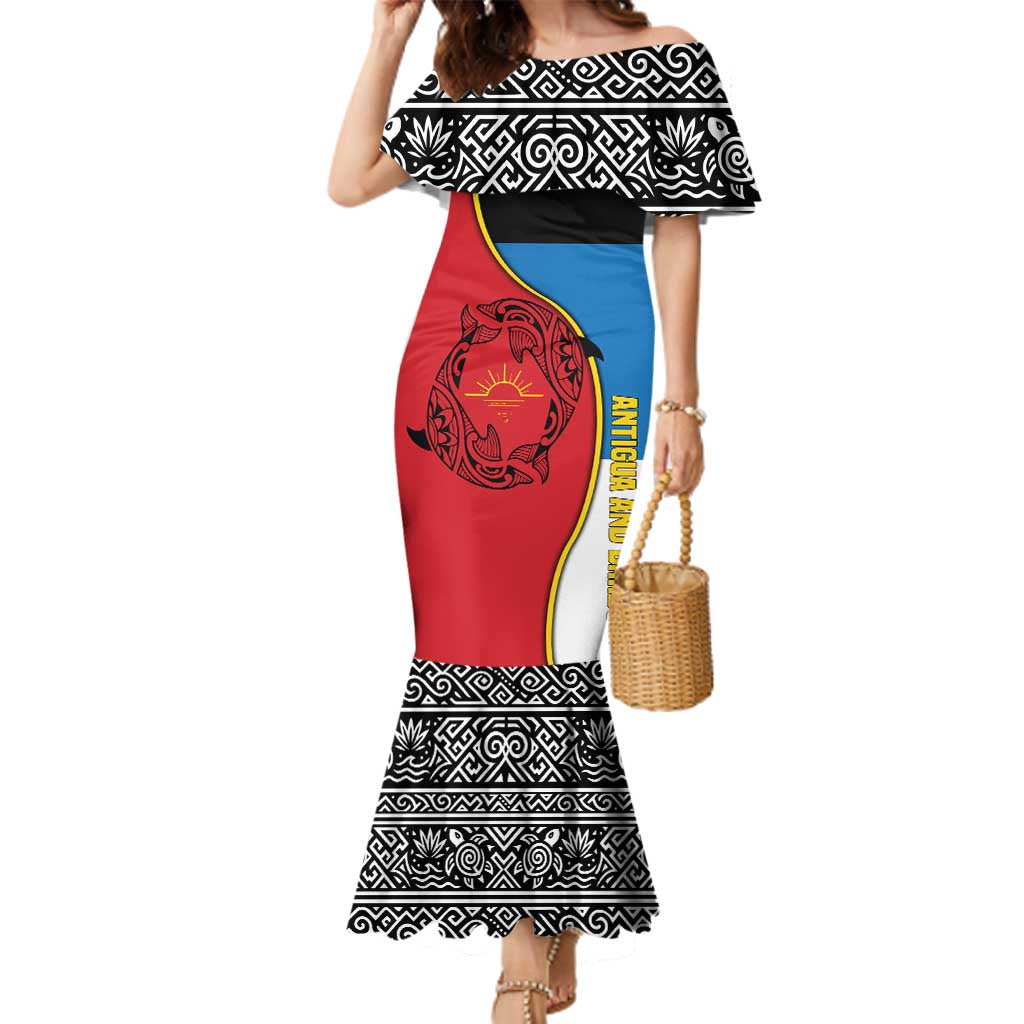 Antigua and Barbuda Tribal Family Matching Mermaid Dress and Hawaiian Shirt with Polynesian Dolphin Sun Design with National Flag Colors - Wonder Print Shop