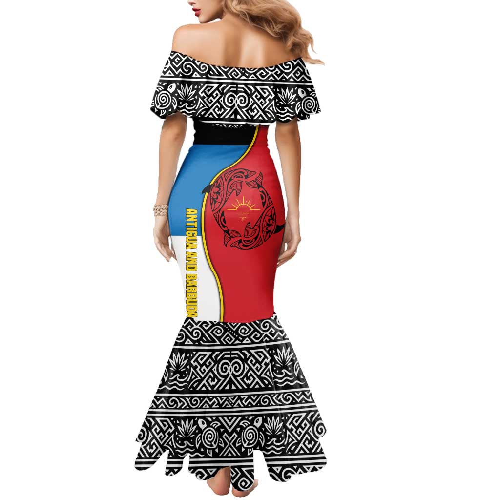Antigua and Barbuda Tribal Family Matching Mermaid Dress and Hawaiian Shirt with Polynesian Dolphin Sun Design with National Flag Colors - Wonder Print Shop
