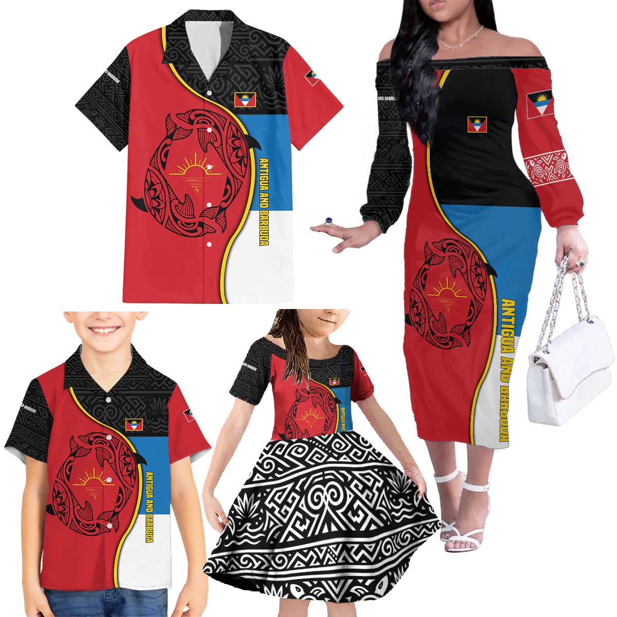 Antigua and Barbuda Tribal Family Matching Off The Shoulder Long Sleeve Dress and Hawaiian Shirt with Polynesian Dolphin Sun Design with National Flag Colors - Wonder Print Shop