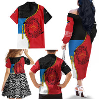 Antigua and Barbuda Tribal Family Matching Off The Shoulder Long Sleeve Dress and Hawaiian Shirt with Polynesian Dolphin Sun Design with National Flag Colors - Wonder Print Shop