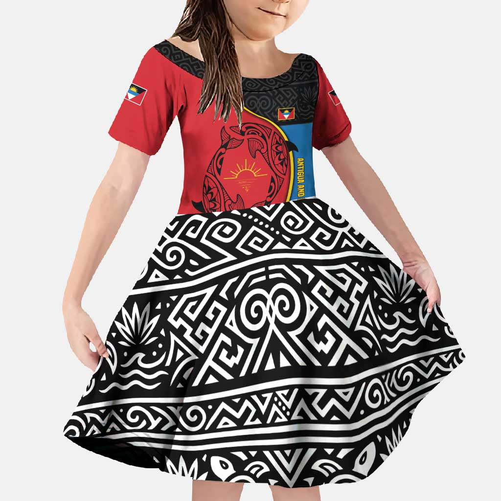 Antigua and Barbuda Tribal Family Matching Off Shoulder Maxi Dress and Hawaiian Shirt with Polynesian Dolphin Sun Design with National Flag Colors - Wonder Print Shop