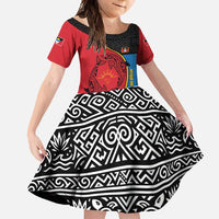 Antigua and Barbuda Tribal Family Matching Off Shoulder Maxi Dress and Hawaiian Shirt with Polynesian Dolphin Sun Design with National Flag Colors - Wonder Print Shop