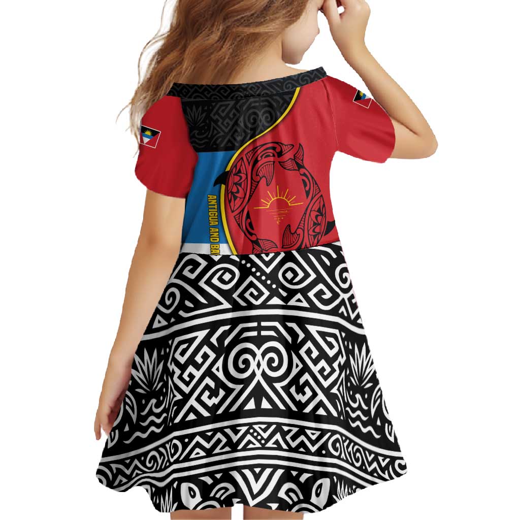 Antigua and Barbuda Tribal Family Matching Off Shoulder Maxi Dress and Hawaiian Shirt with Polynesian Dolphin Sun Design with National Flag Colors - Wonder Print Shop