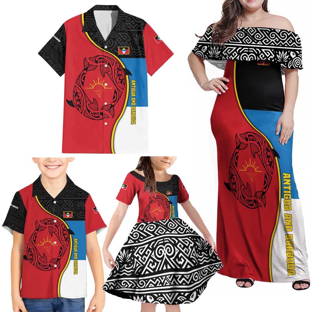 Antigua and Barbuda Tribal Family Matching Off Shoulder Maxi Dress and Hawaiian Shirt with Polynesian Dolphin Sun Design with National Flag Colors - Wonder Print Shop