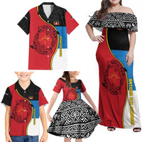 Antigua and Barbuda Tribal Family Matching Off Shoulder Maxi Dress and Hawaiian Shirt with Polynesian Dolphin Sun Design with National Flag Colors - Wonder Print Shop