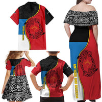 Antigua and Barbuda Tribal Family Matching Off Shoulder Maxi Dress and Hawaiian Shirt with Polynesian Dolphin Sun Design with National Flag Colors - Wonder Print Shop