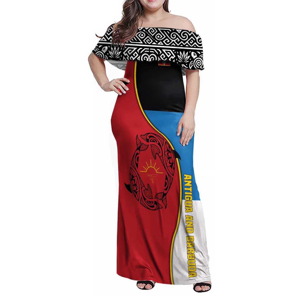 Antigua and Barbuda Tribal Family Matching Off Shoulder Maxi Dress and Hawaiian Shirt with Polynesian Dolphin Sun Design with National Flag Colors - Wonder Print Shop