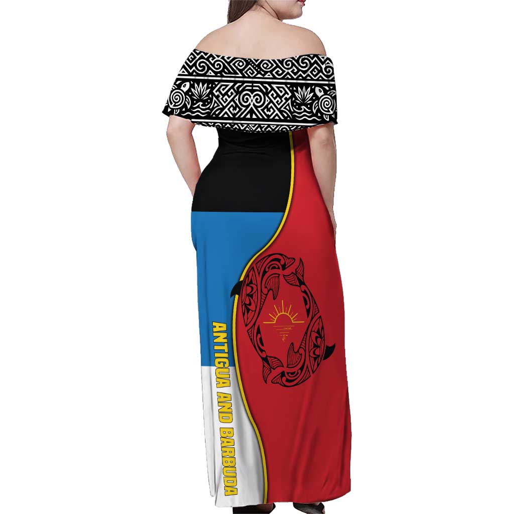 Antigua and Barbuda Tribal Family Matching Off Shoulder Maxi Dress and Hawaiian Shirt with Polynesian Dolphin Sun Design with National Flag Colors - Wonder Print Shop