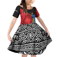 Antigua and Barbuda Tribal Family Matching Off Shoulder Short Dress and Hawaiian Shirt with Polynesian Dolphin Sun Design with National Flag Colors - Wonder Print Shop