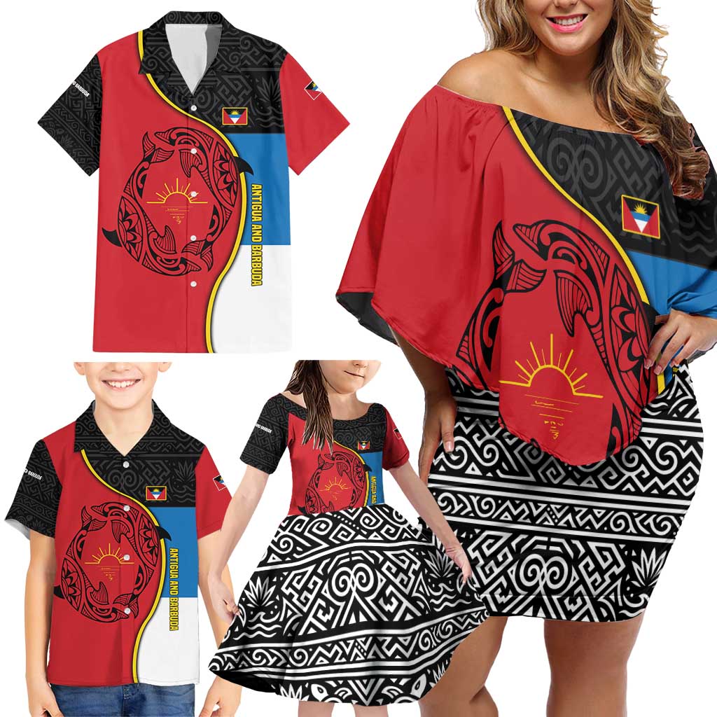 Antigua and Barbuda Tribal Family Matching Off Shoulder Short Dress and Hawaiian Shirt with Polynesian Dolphin Sun Design with National Flag Colors - Wonder Print Shop