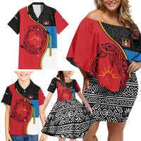 Antigua and Barbuda Tribal Family Matching Off Shoulder Short Dress and Hawaiian Shirt with Polynesian Dolphin Sun Design with National Flag Colors - Wonder Print Shop