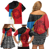 Antigua and Barbuda Tribal Family Matching Off Shoulder Short Dress and Hawaiian Shirt with Polynesian Dolphin Sun Design with National Flag Colors - Wonder Print Shop