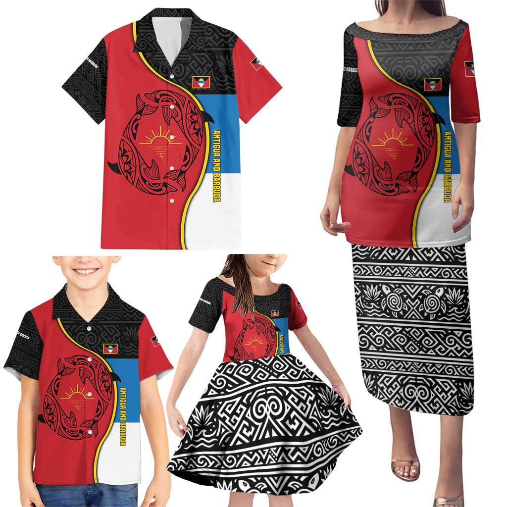 Antigua and Barbuda Tribal Family Matching Puletasi and Hawaiian Shirt with Polynesian Dolphin Sun Design with National Flag Colors - Wonder Print Shop