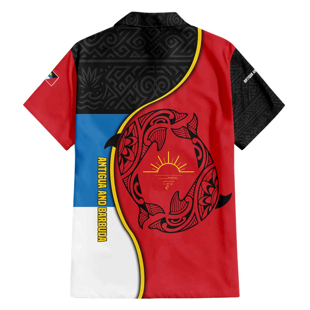Antigua and Barbuda Tribal Family Matching Puletasi and Hawaiian Shirt with Polynesian Dolphin Sun Design with National Flag Colors - Wonder Print Shop