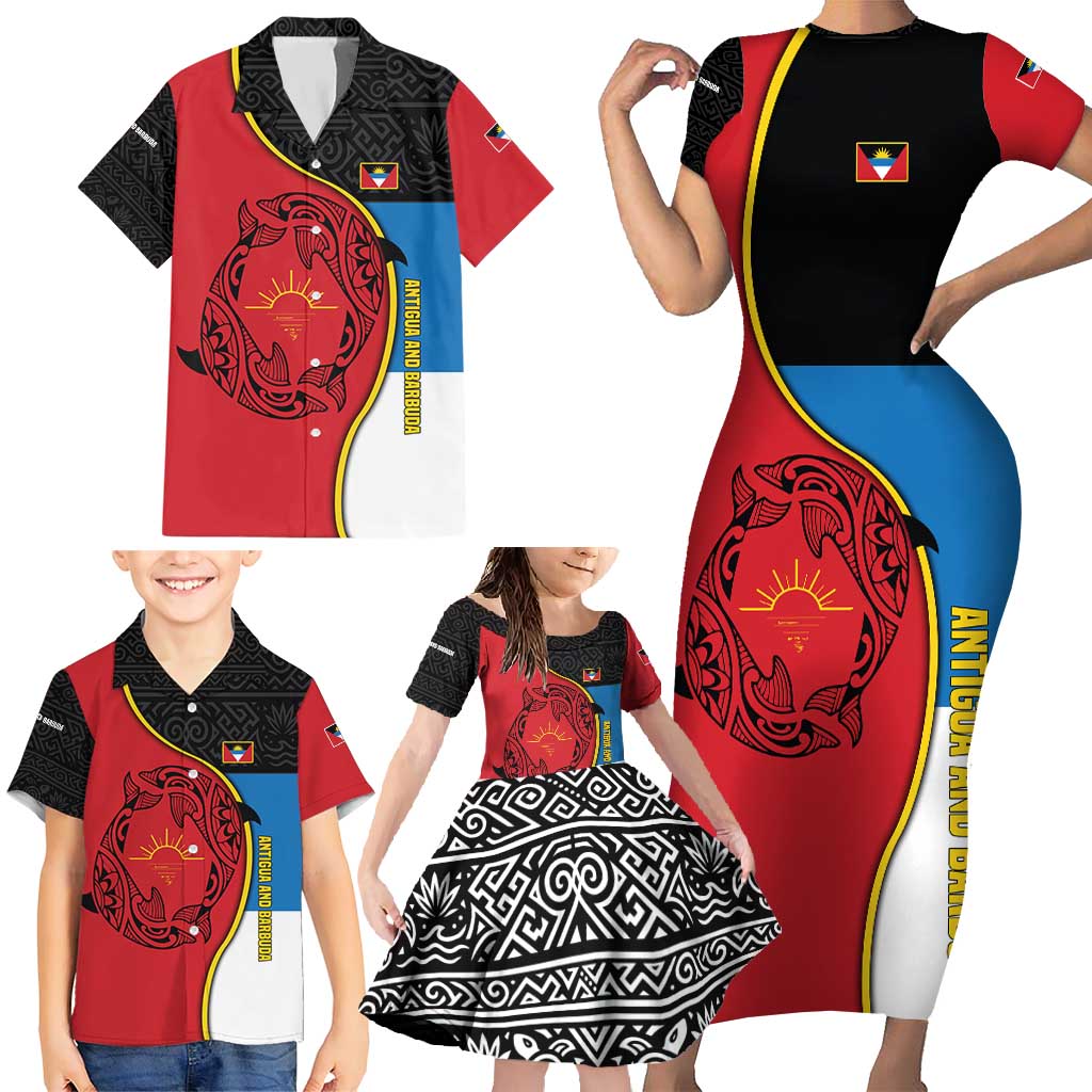 Antigua and Barbuda Tribal Family Matching Short Sleeve Bodycon Dress and Hawaiian Shirt with Polynesian Dolphin Sun Design with National Flag Colors - Wonder Print Shop