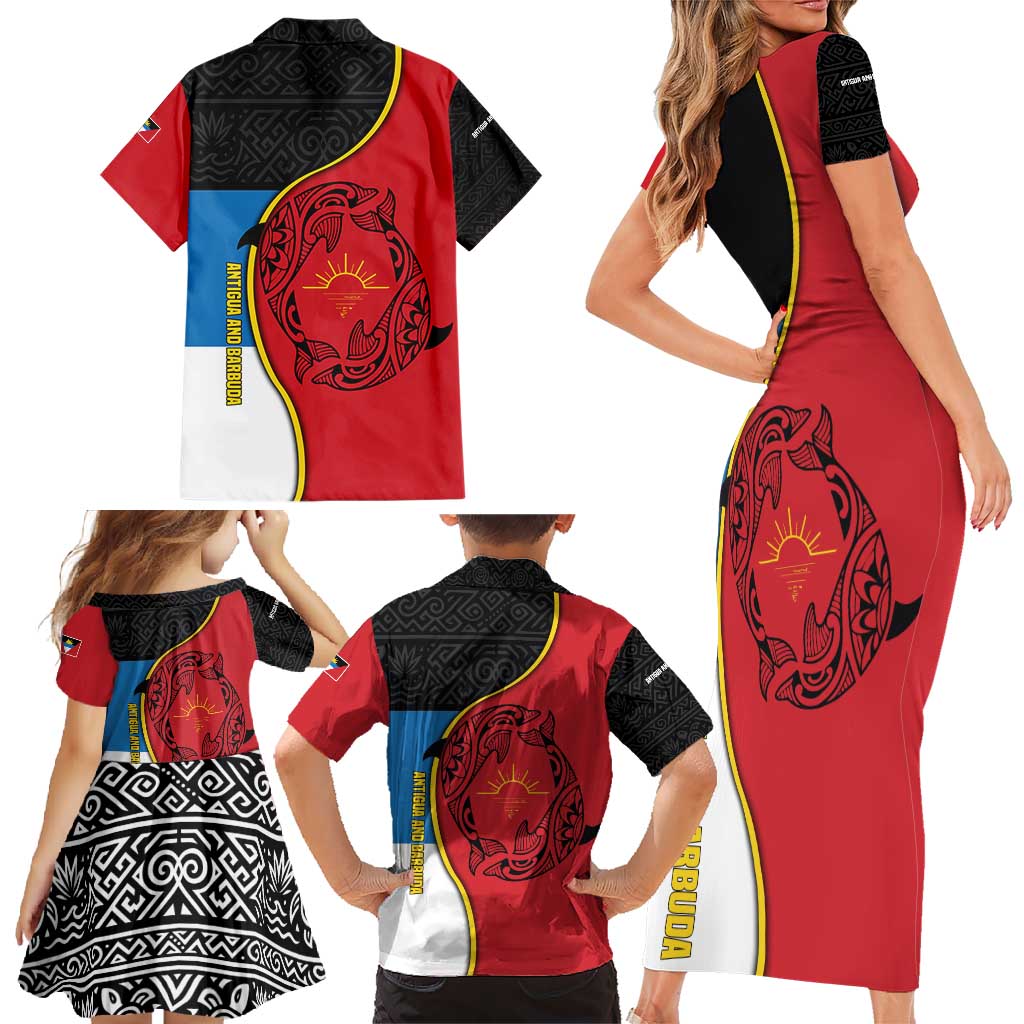 Antigua and Barbuda Tribal Family Matching Short Sleeve Bodycon Dress and Hawaiian Shirt with Polynesian Dolphin Sun Design with National Flag Colors - Wonder Print Shop