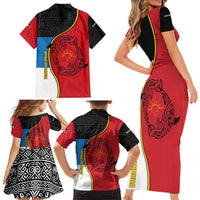 Antigua and Barbuda Tribal Family Matching Short Sleeve Bodycon Dress and Hawaiian Shirt with Polynesian Dolphin Sun Design with National Flag Colors - Wonder Print Shop