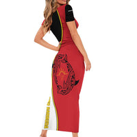 Antigua and Barbuda Tribal Family Matching Short Sleeve Bodycon Dress and Hawaiian Shirt with Polynesian Dolphin Sun Design with National Flag Colors - Wonder Print Shop