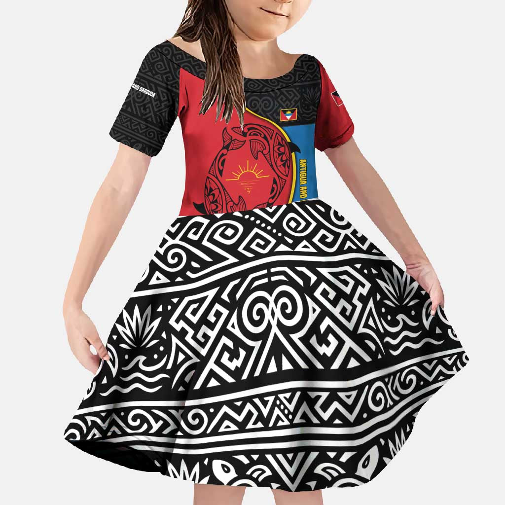Antigua and Barbuda Tribal Family Matching Summer Maxi Dress and Hawaiian Shirt with Polynesian Dolphin Sun Design with National Flag Colors - Wonder Print Shop