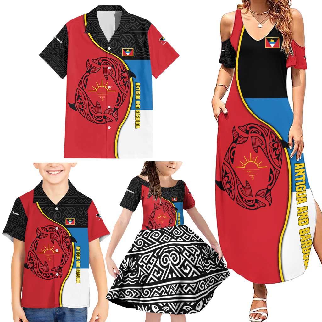 Antigua and Barbuda Tribal Family Matching Summer Maxi Dress and Hawaiian Shirt with Polynesian Dolphin Sun Design with National Flag Colors - Wonder Print Shop