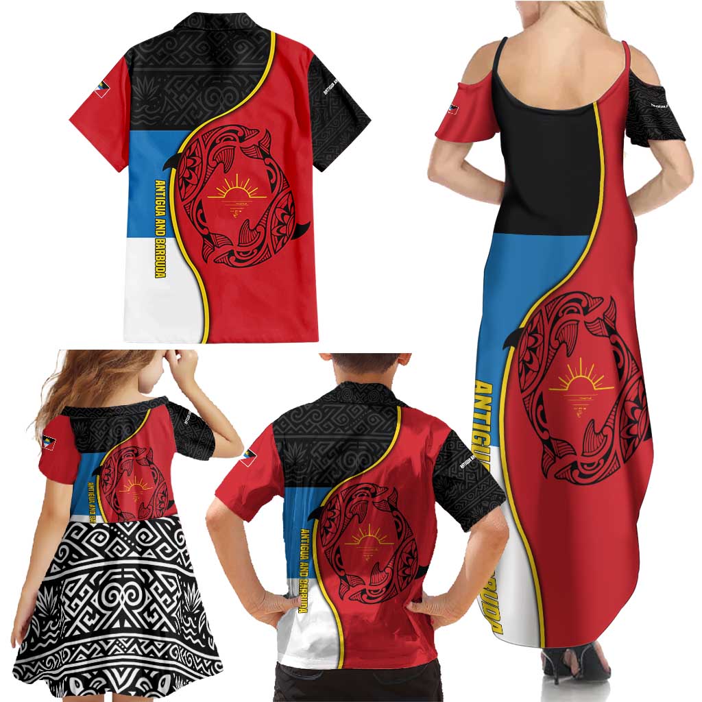 Antigua and Barbuda Tribal Family Matching Summer Maxi Dress and Hawaiian Shirt with Polynesian Dolphin Sun Design with National Flag Colors - Wonder Print Shop