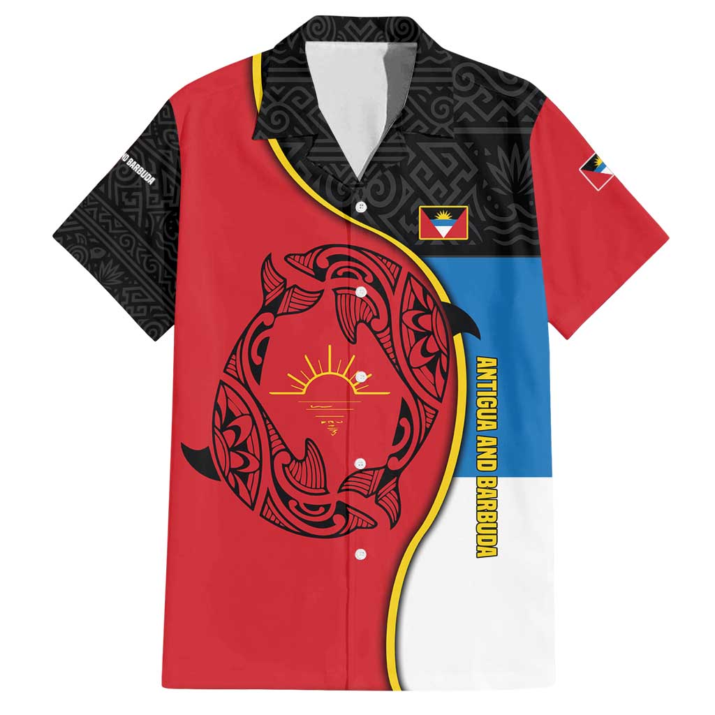 Antigua and Barbuda Tribal Family Matching Summer Maxi Dress and Hawaiian Shirt with Polynesian Dolphin Sun Design with National Flag Colors - Wonder Print Shop