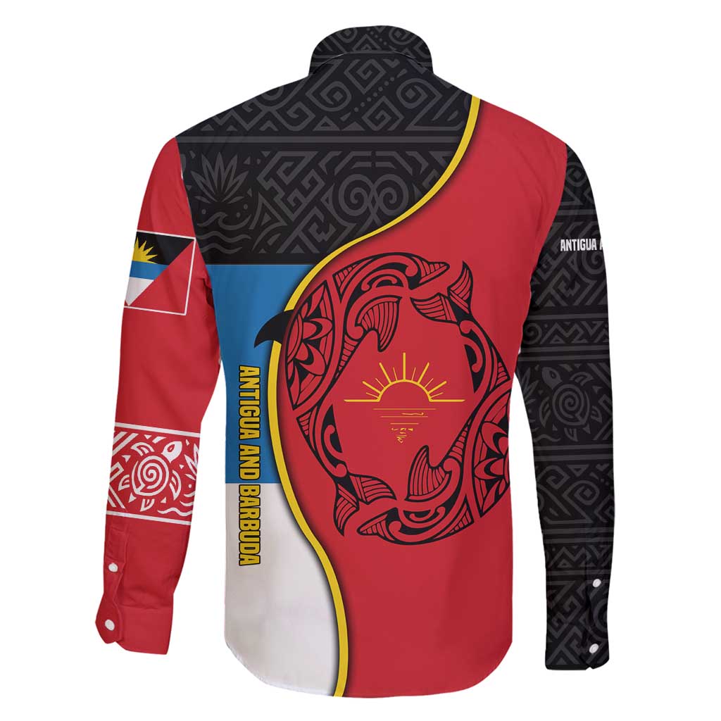 Antigua and Barbuda Tribal Family Matching Summer Maxi Dress and Hawaiian Shirt with Polynesian Dolphin Sun Design with National Flag Colors - Wonder Print Shop