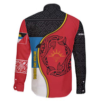 Antigua and Barbuda Tribal Family Matching Summer Maxi Dress and Hawaiian Shirt with Polynesian Dolphin Sun Design with National Flag Colors - Wonder Print Shop