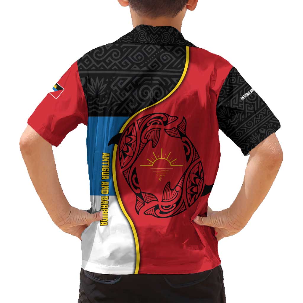 Antigua and Barbuda Tribal Family Matching Tank Maxi Dress and Hawaiian Shirt with Polynesian Dolphin Sun Design with National Flag Colors - Wonder Print Shop
