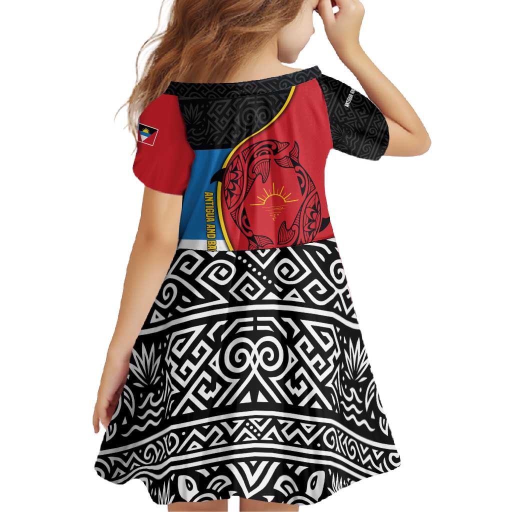 Antigua and Barbuda Tribal Family Matching Tank Maxi Dress and Hawaiian Shirt with Polynesian Dolphin Sun Design with National Flag Colors - Wonder Print Shop