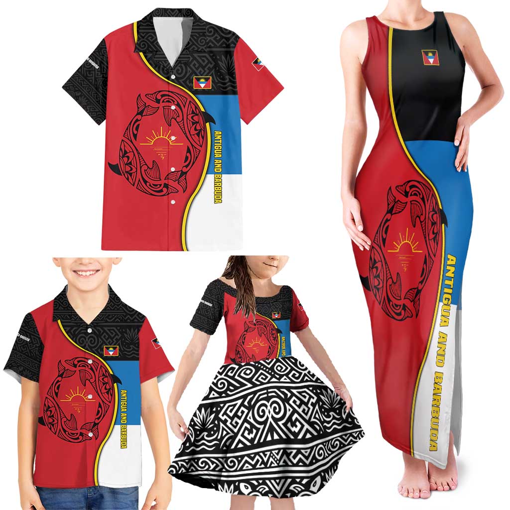 Antigua and Barbuda Tribal Family Matching Tank Maxi Dress and Hawaiian Shirt with Polynesian Dolphin Sun Design with National Flag Colors - Wonder Print Shop
